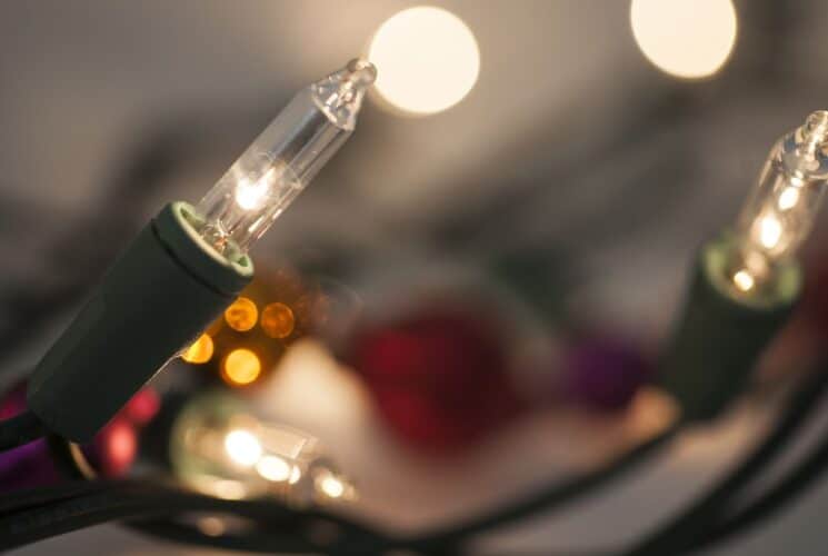 Close up view of a multicolored string of Christmas lights