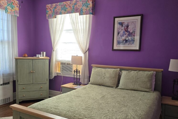 Bedroom with purple walls, hardwood flooring, wooden bed, light green bedding, and light green wooden cabinet